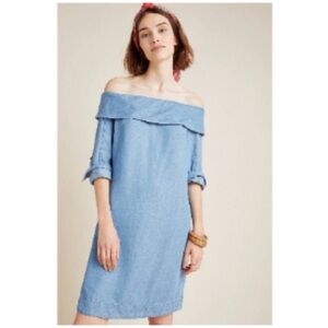 Anthropologie Pilcro Off the Shoulder Chambray Mini Shift Dress Blue Size 10